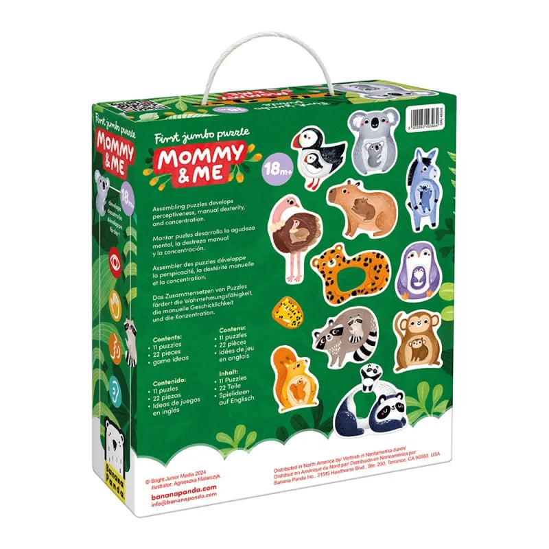 Lateral da embalagem do Banana Panda Primeiro Puzzle Jumbo – Mamãs e Bebés, com detalhes sobre o conteúdo e benefícios do puzzle.