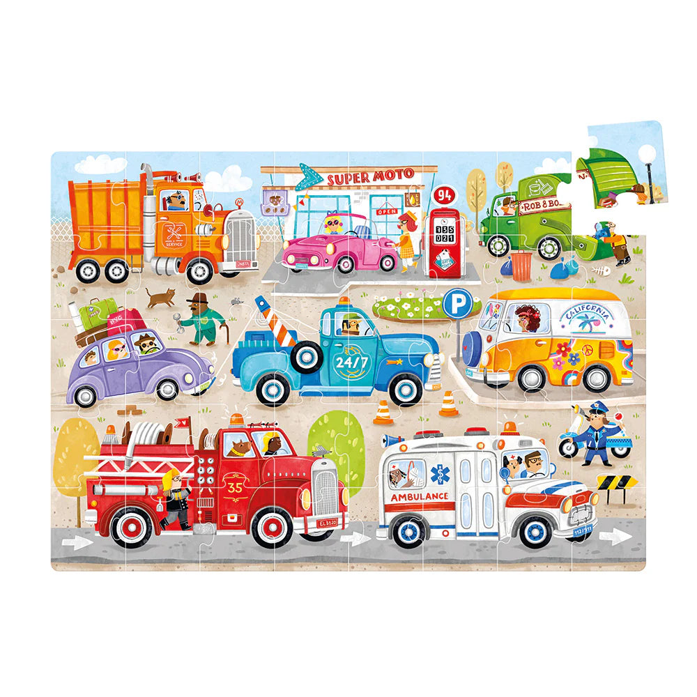 Puzzle Banana Panda Primeiro Puzzle Jumbo – Cars montado, mostrando diversos veículos coloridos em cena urbana.