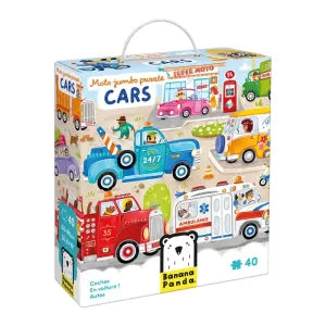 Caixa do puzzle Banana Panda Primeiro Puzzle Jumbo – Cars, com ilustração de veículos e pega de corda.
