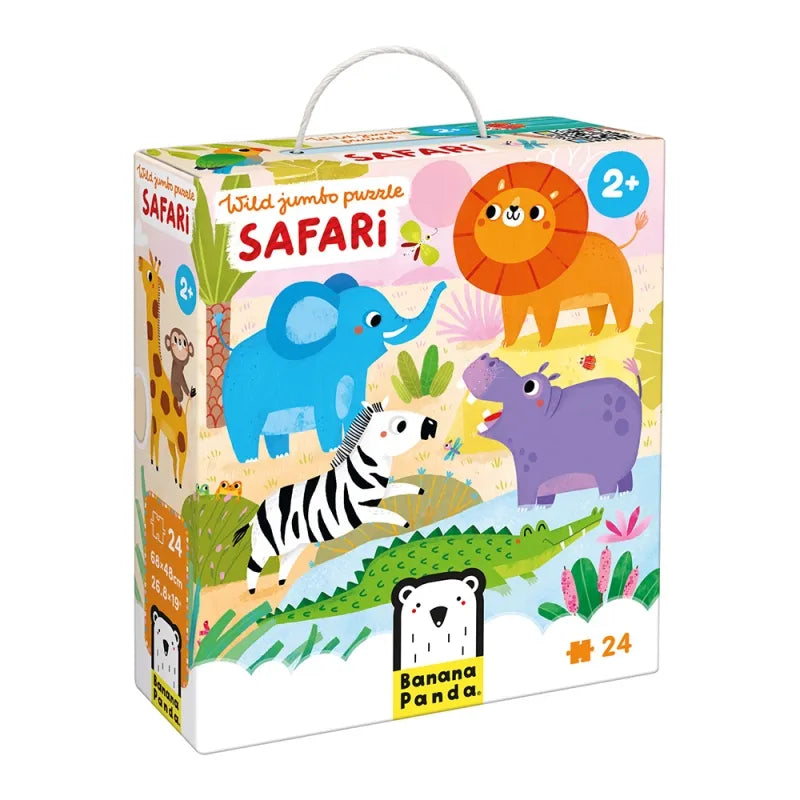 Caixa do puzzle Banana Panda Primeiro Jumbo Safari, com ilustração vibrante de animais como leão, elefante, zebra, girafa e hipopótamo, e indicação de idade 2+.