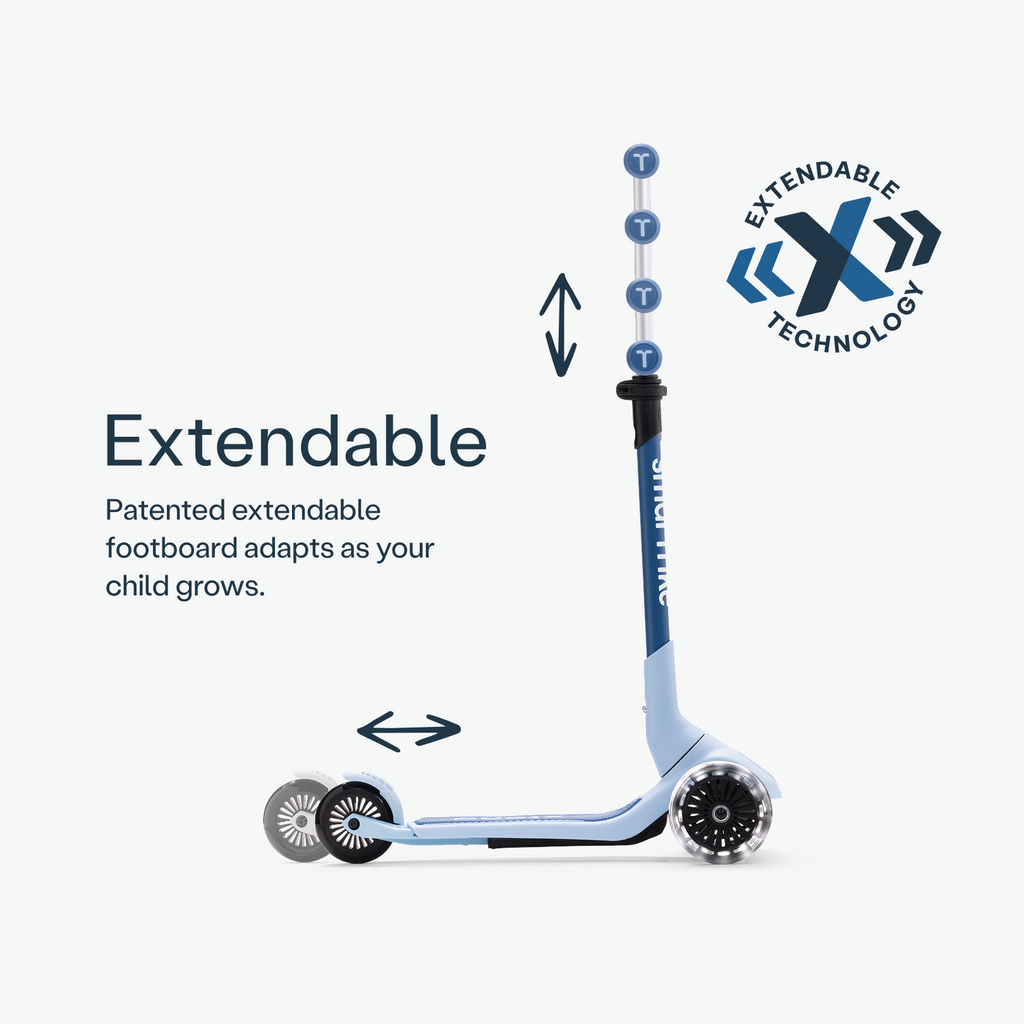 Base extensível da Smartrike XTEND Mini-Ride Azul em modo trotinete