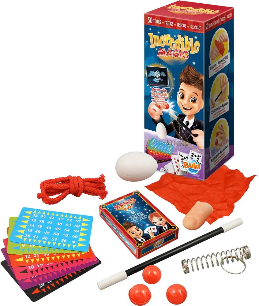 Conjunto de acessórios para truques, incluindo corda, ovo falso, pano vermelho, varinha mágica e molas, prontos para serem usados.