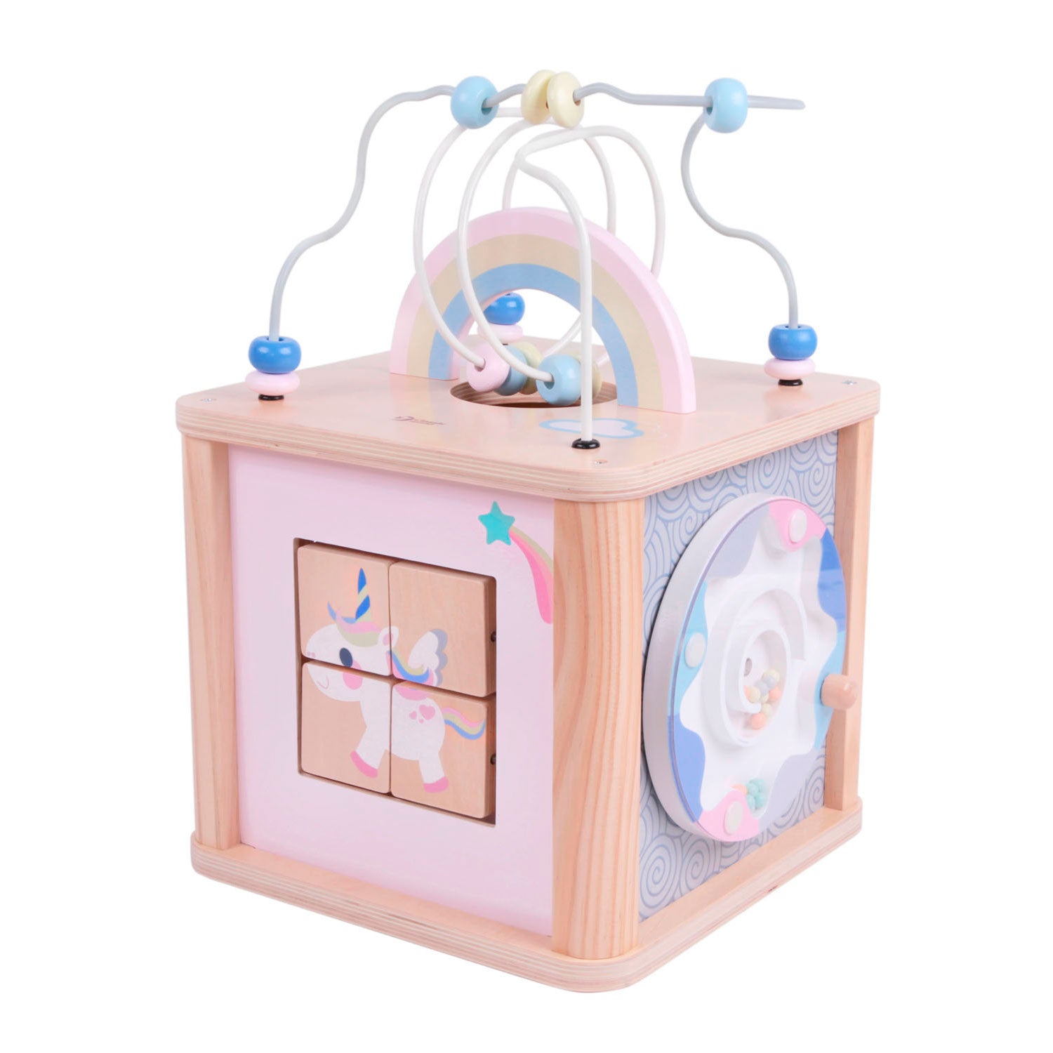 Cubo de atividades Classic World em madeira com labirinto de contas arco-íris, puzzle de unicórnio e engrenagem giratória.