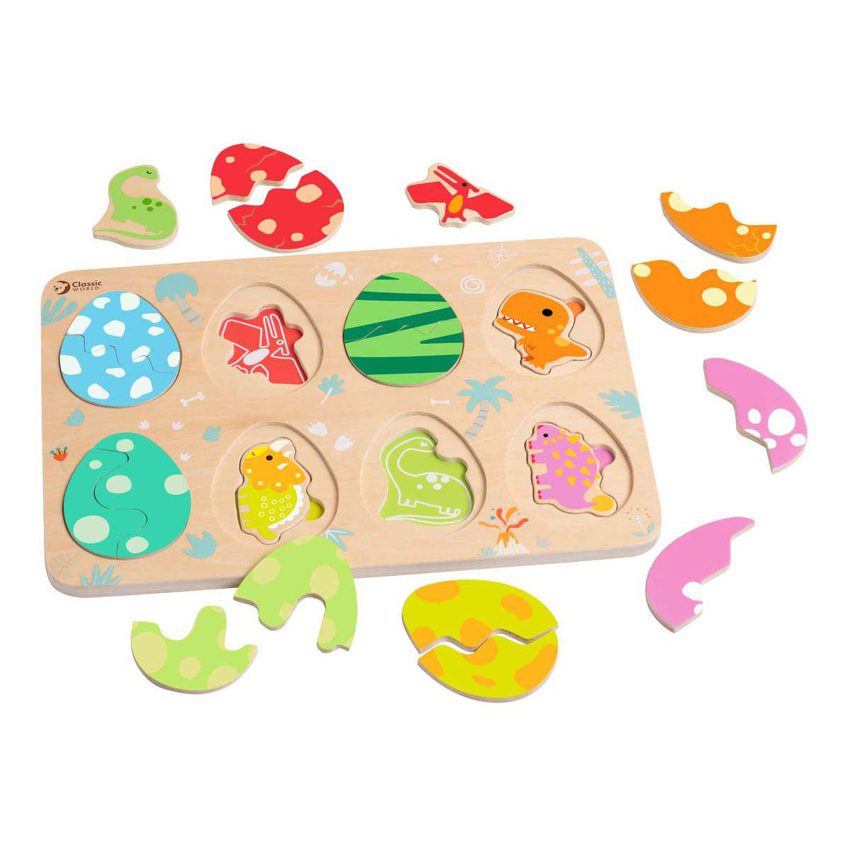 Puzzle de encaixe Classic World Ovos de Dinossauro com as peças coloridas de ovos e dinossauros espalhadas, mostrando o tabuleiro de madeira com os contornos.
