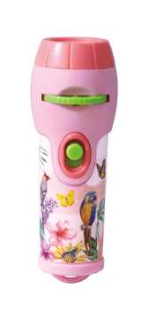 Close-up da lanterna projetora cor-de-rosa da Natural Creation com decorações de flores e pássaros.