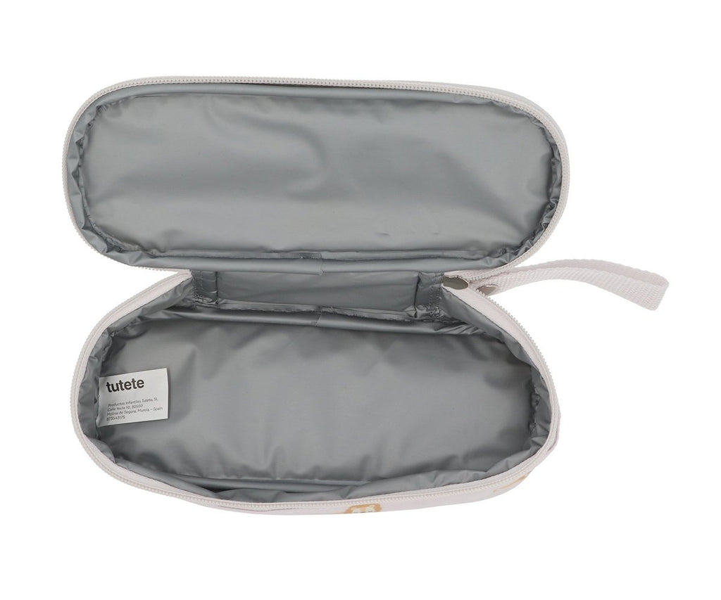 Lancheira térmica pequena Tutete Savana aberta, mostrando o interior térmico cinzento e a etiqueta da marca.