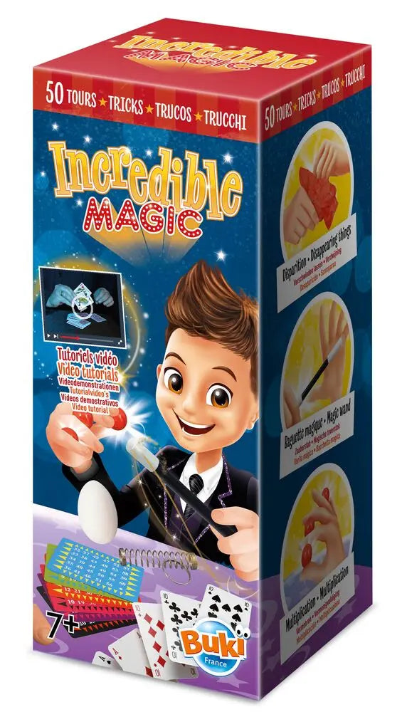 Close-up da caixa do Buki kit Magia, mostrando o rapaz ilustrado a fazer um truque e a menção aos tutoriais em vídeo.
