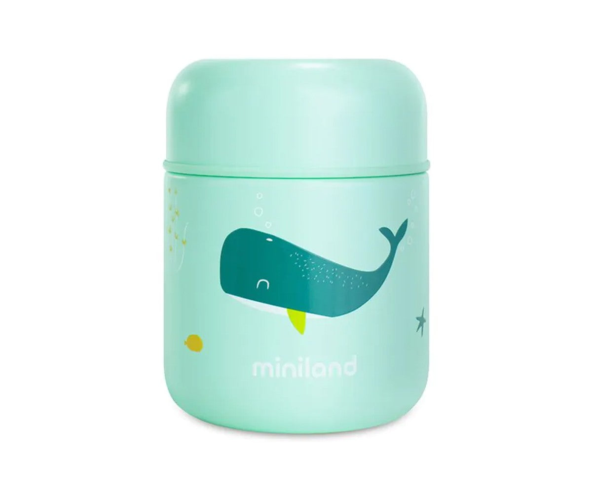 Termo para sólidos Miniland Whaley 280 ml com design de baleia, na embalagem original e cor verde-água.