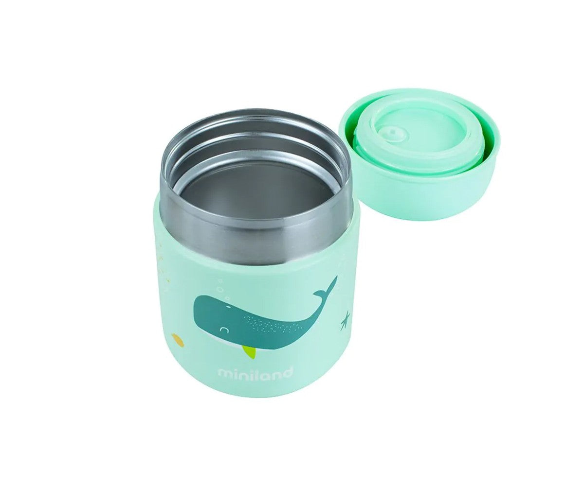 Termo para sólidos Miniland Whaley 280 ml verde-água, com ilustrações de baleia e peixes, sem embalagem.