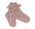 Meias antiderrapantes GoBabyGo em lã merino, cor rosa velho, com pontos antiderrapantes na sola