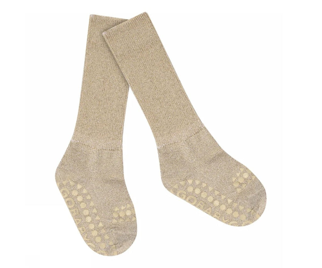 Pack de 3 pares de meias antiderrapantes GoBabyGo em viscose de bambu, cor bege champanhe com brilho, para bebé