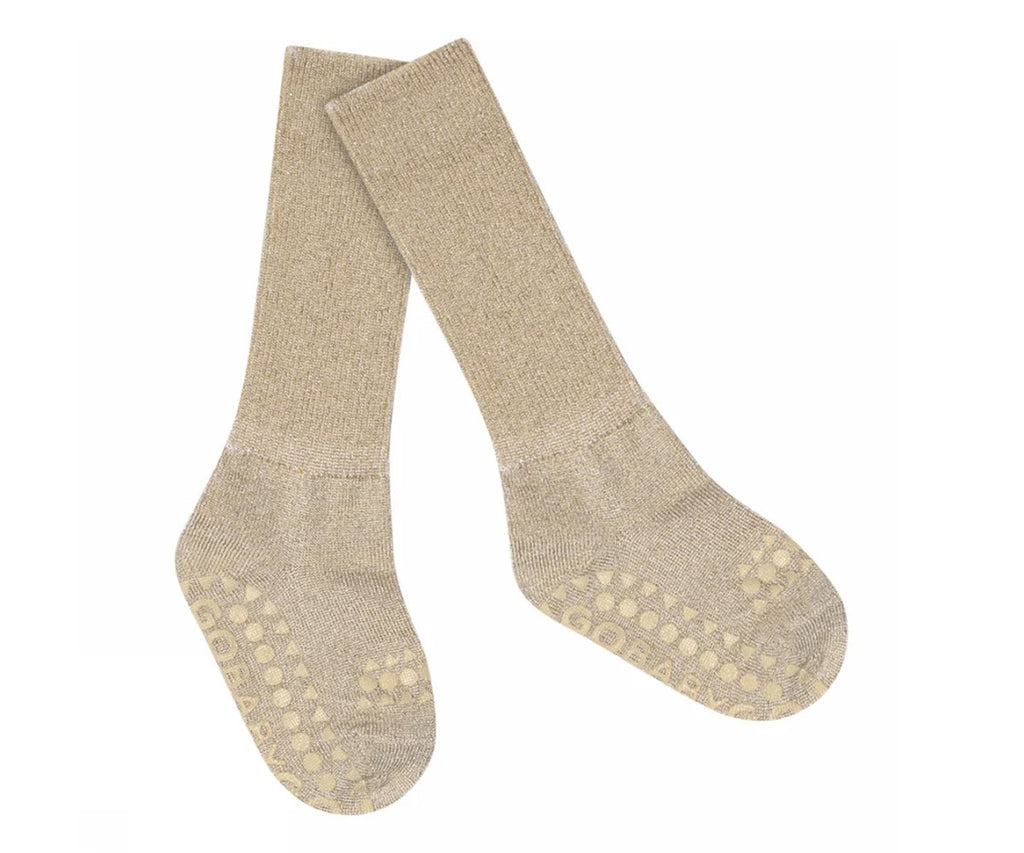Pack de 3 pares de meias antiderrapantes GoBabyGo em viscose de bambu, cor bege champanhe com brilho, para bebé