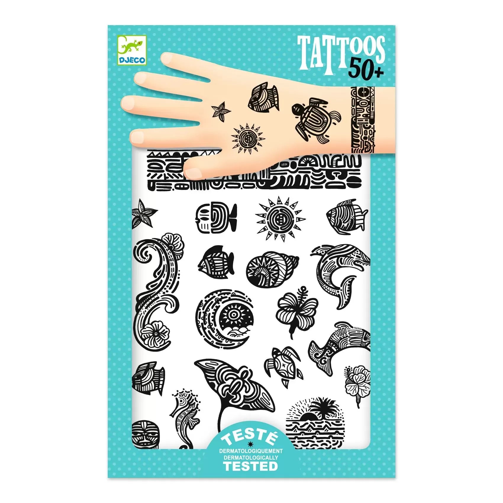 Embalagem frontal das Djeco 50 Tatuagens Polinésia, exibindo uma mão com tatuagens aplicadas e a variedade de designs tropicais e o selo "Dermatologicamente Testado".