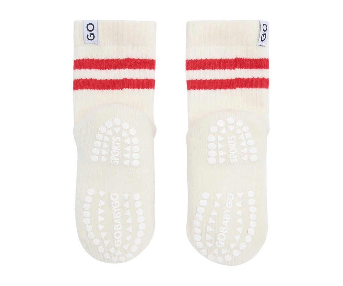 Pack de 3 pares de meias antiderrapantes GoBabyGo Sport em algodão orgânico, cor vermelho, com pontos na sola