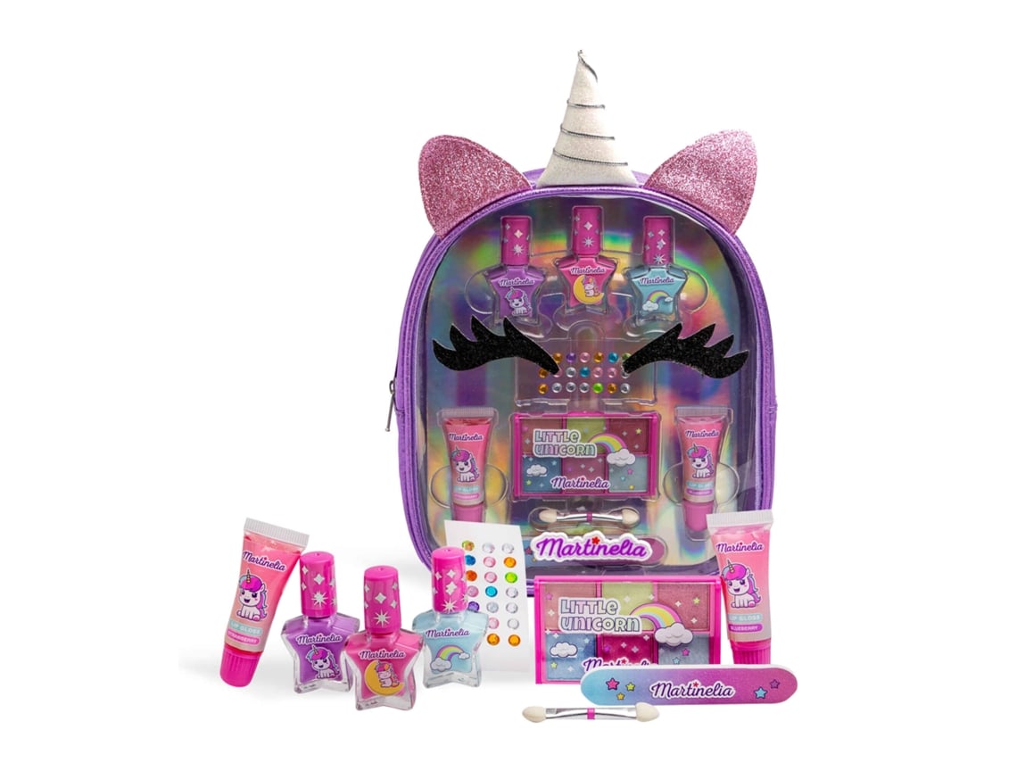 Martinelia Mochila de Maquilhagem Little Unicorn aberta, exibindo vernizes, sombras, brilhos labiais, lima e adesivos, com tema de unicórnio.
