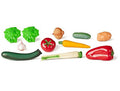 Conjunto de 11 peças de legumes de brincar Miniland, incluindo alface, alho, tomate, curgete, cebola, pepino, batata, cenoura, pimento vermelho e alho-francês, dispostas sobre um fundo branco.