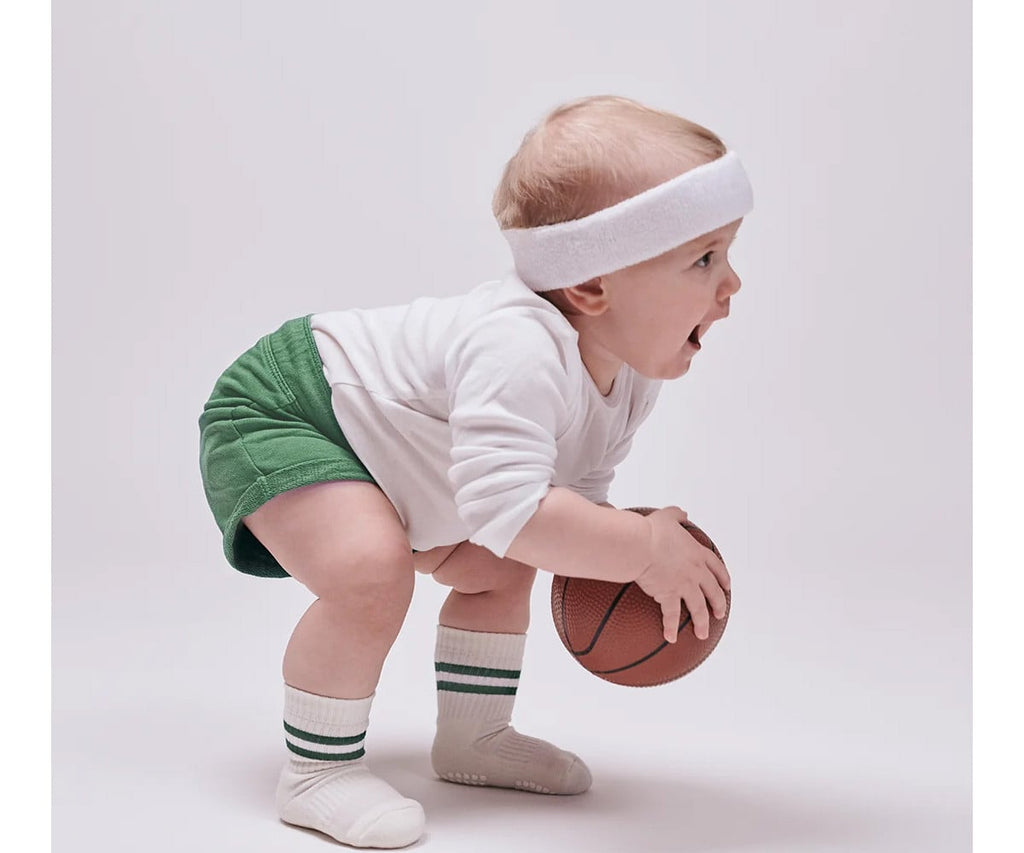 Pack de 3 pares de meias antiderrapantes GoBabyGo Sport em algodão orgânico, cor verde, com pontos na sola