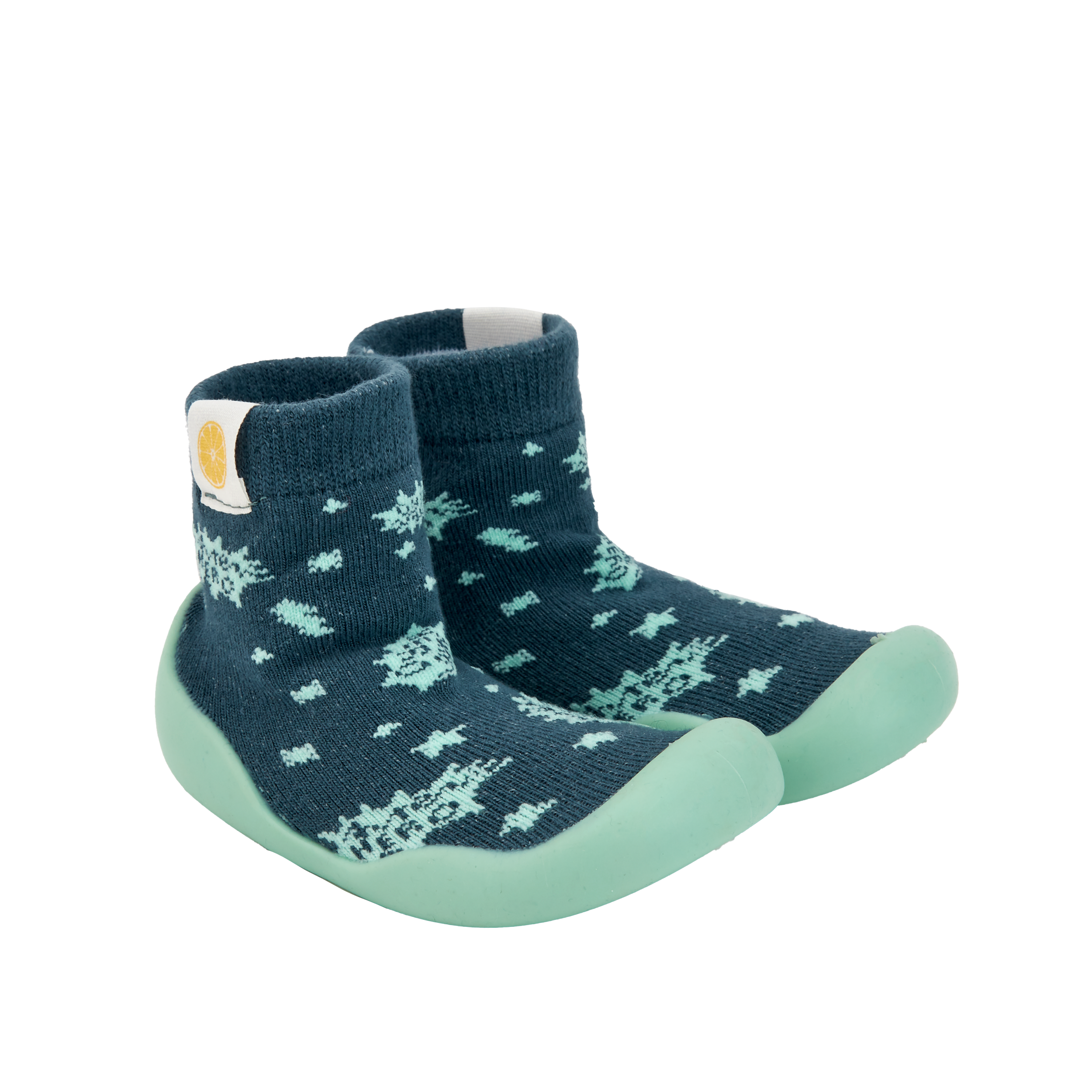 Pantufas tipo meia azul-escuras com sola verde-clara, padrão de constelações, semelhantes às da imagem 1. Uma escolha confortável e segura para crianças em fase de aprendizagem da marcha.
