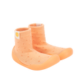 Pantufas tipo meia laranja com sola laranja, similares às da imagem 6. Confortáveis e maleáveis para o desenvolvimento saudável do pé.
