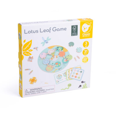 Caixa do Classic World Jogo Flor de Lótus, um jogo educativo de madeira para crianças a partir dos 3 anos, mostrando os componentes e o selo FSC.
