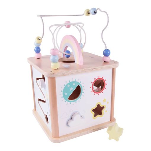 Cubo de atividades Classic World em madeira exibindo o lado com encaixe de formas (estrela, nuvem, círculo) e labirinto deslizante.