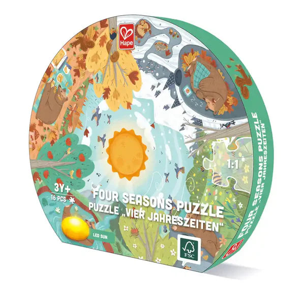 Embalagem circular do Hape Puzzle Redondo Estações do Ano, com a imagem do puzzle e informações de idade.
