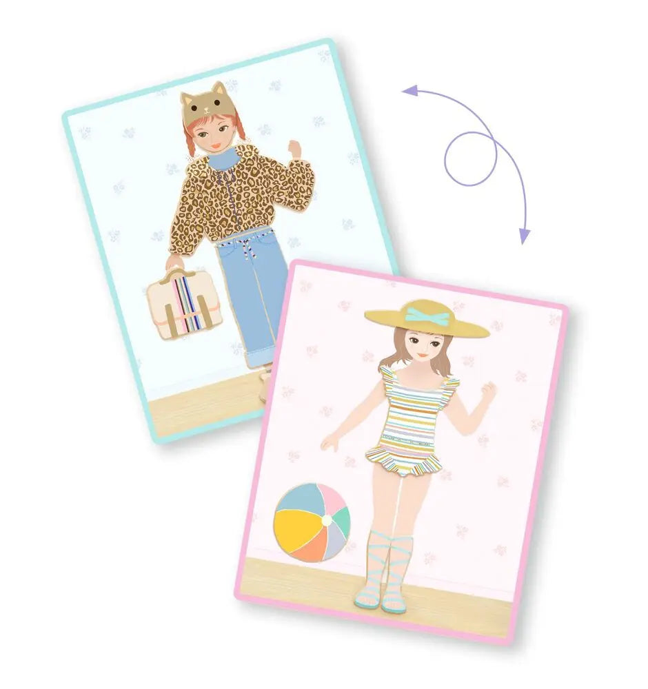 Duas figuras vestidas com diferentes estilos de roupa (casual e fato de banho), ilustrando a variedade de combinações possíveis no jogo magnético.