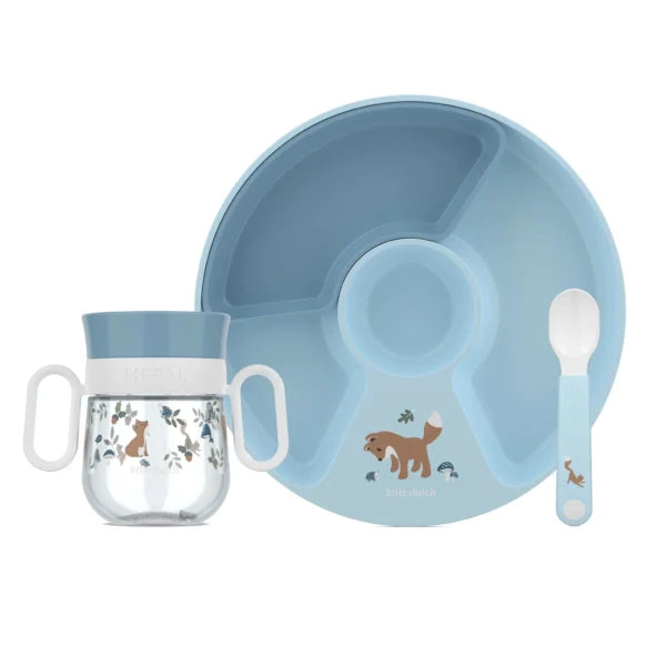 Little Dutch - MEPAL - Conjunto de Refeição Mio 3 peças - Forest Friends, mostrando um copo de aprendizagem com asas, um prato dividido com divisórias e uma colher, todos em tons de azul e com ilustrações de animais da floresta.