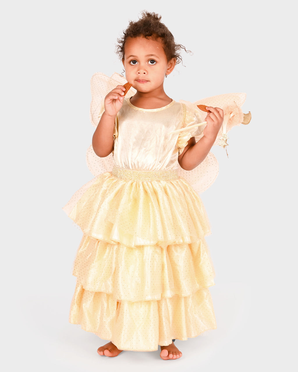Conjunto de fada dourada da Den Goda Fen com vestido, asas e varinha, disfarce para menina