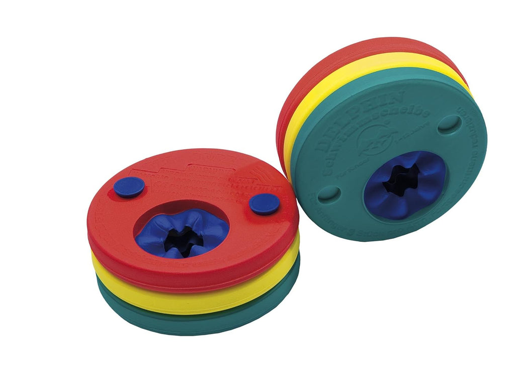 Delphin Discs - discos delfins, braçadeiras flutuador evolutivas, vistas de cima, mostrando as camadas de cores (verde, vermelho, amarelo) e os detalhes dos botões azuis.