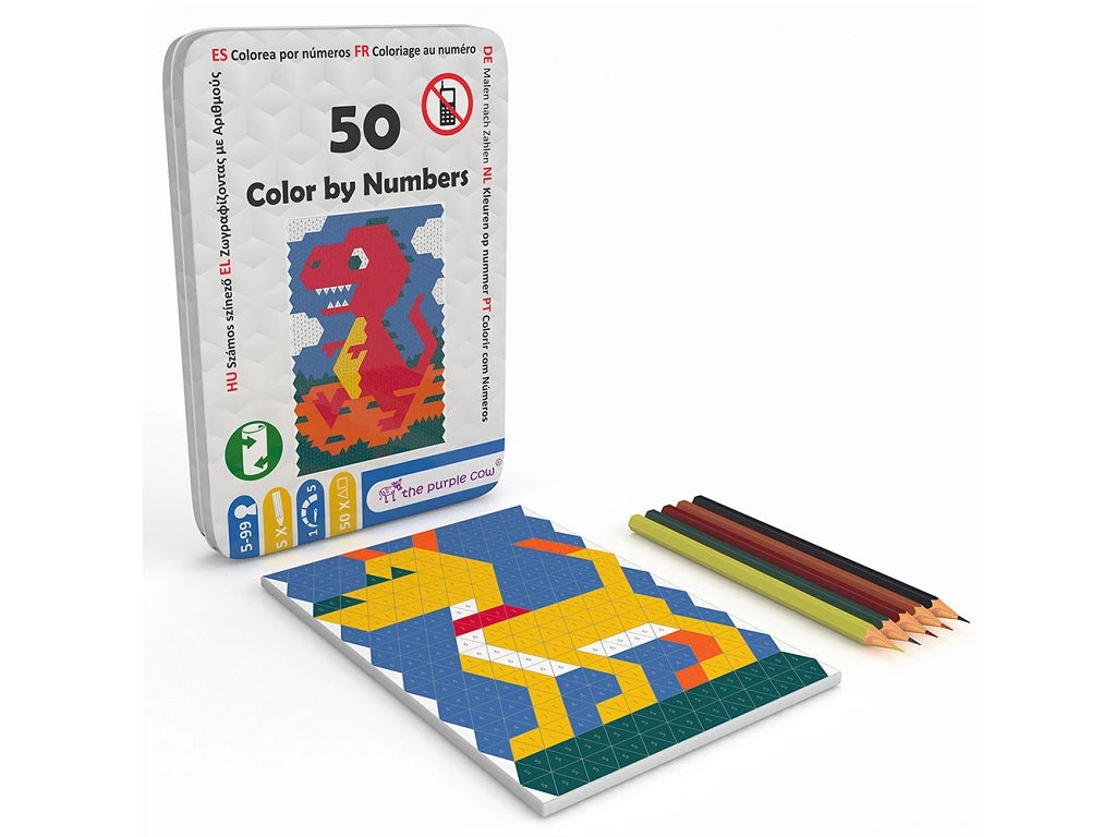 Lata de metal do jogo "Color by Numbers" da The Purple Cow, mostrando 50 atividades, 5 lápis de cor e um exemplo de desenho de dinossauro a ser preenchido.