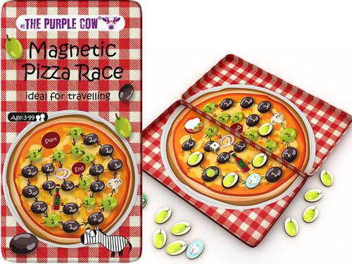Comparação do jogo magnético "Magnetic Pizza Race" fechado e aberto, mostrando o tabuleiro de pizza e os ímanes soltos.