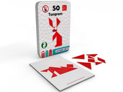 Caixa metálica do jogo Tangram da The Purple Cow com 50 desafios, mostrando as 7 peças vermelhas e um cartão de modelo.