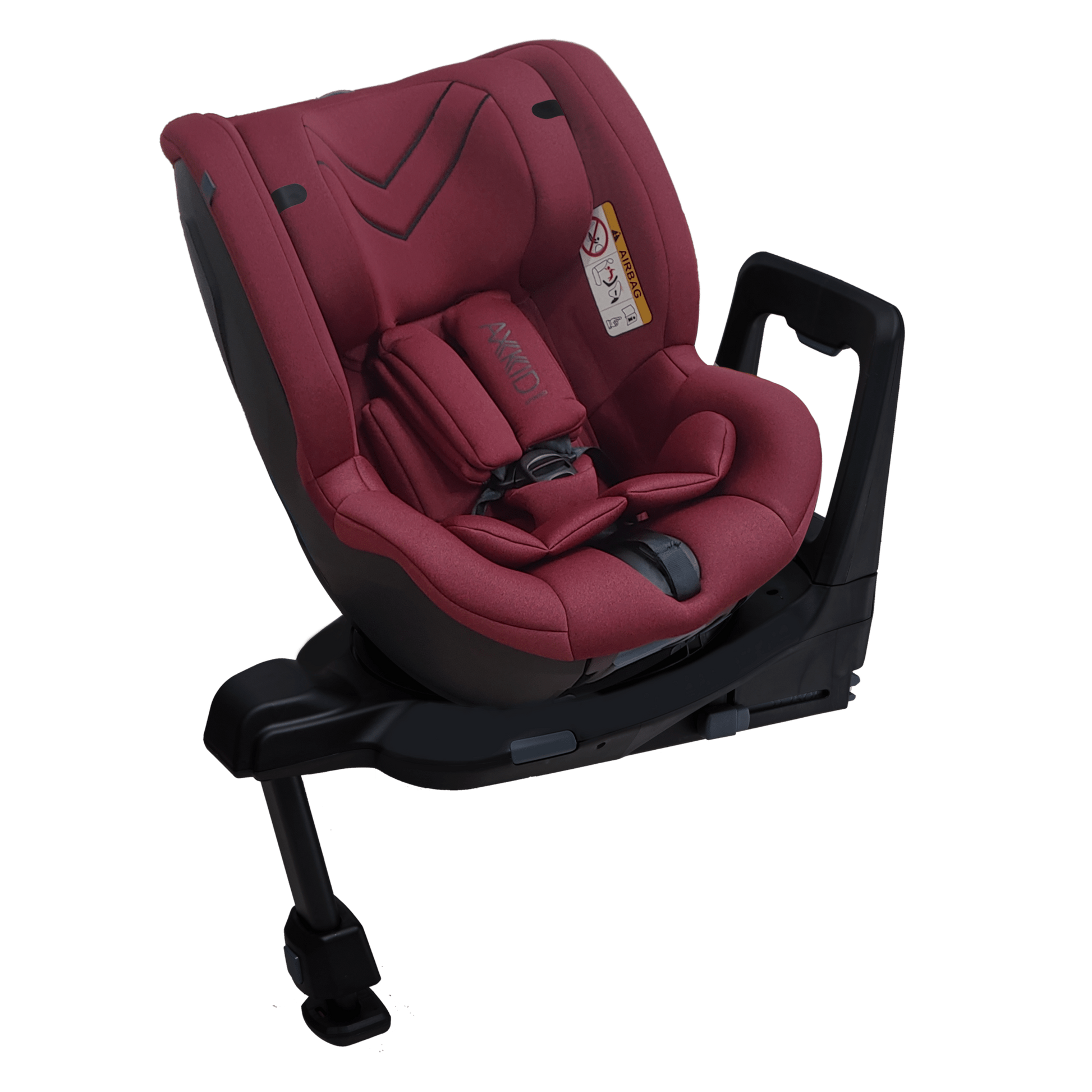 Cadeira auto AXKID Spinkid em vermelho, vista frontal, com a base e o suporte de pernas ajustáveis.