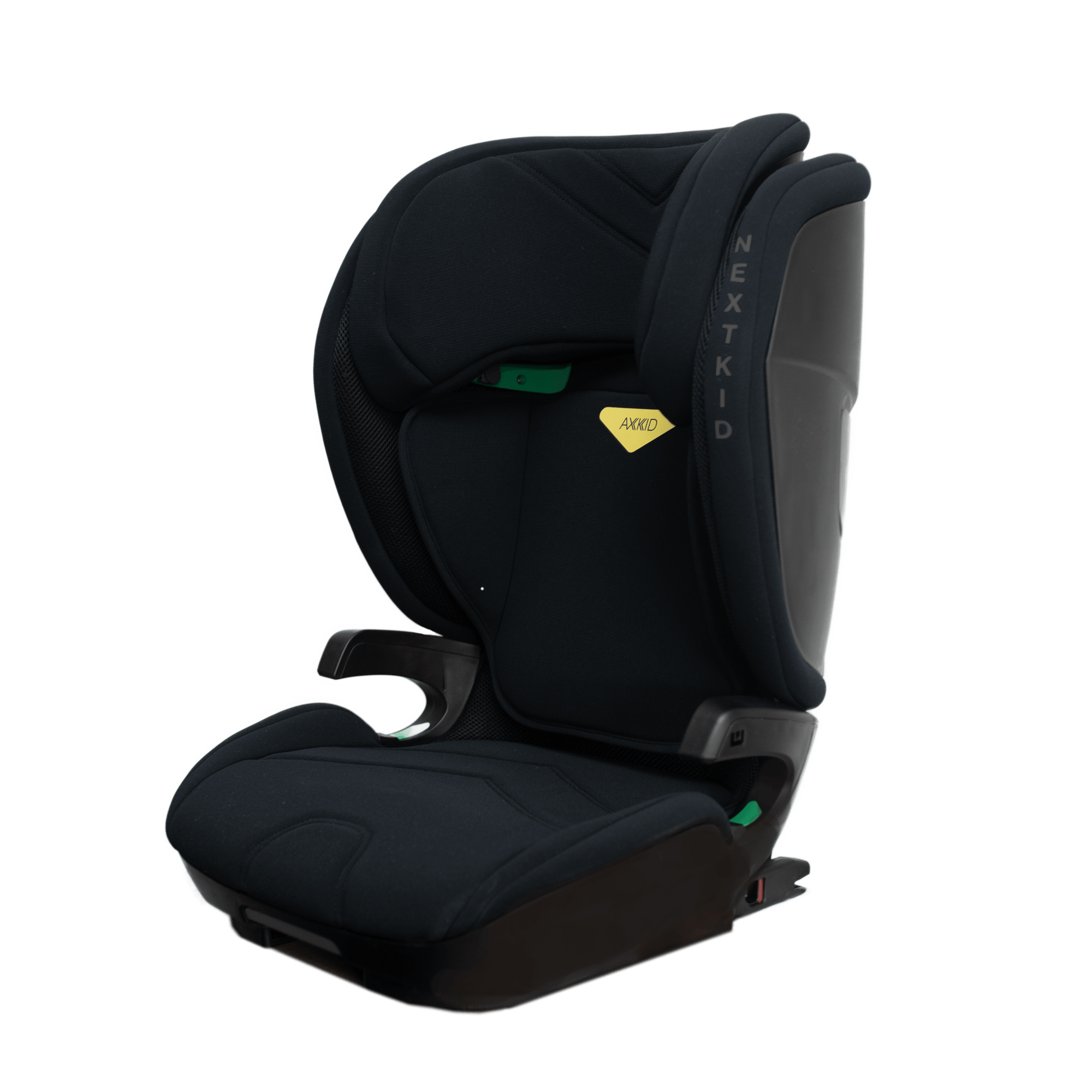 Cadeira auto Axkid Nextkid em preto, vista de frente com o sistema ISOFIX visível na base.