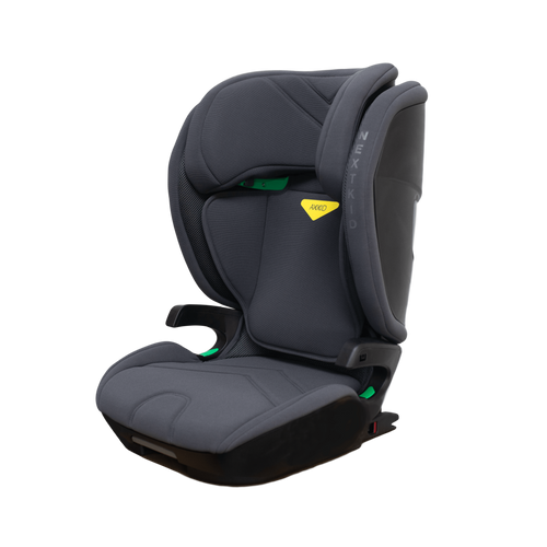 Cadeira auto Axkid Nextkid em cinzento escuro, vista de frente com foco na cabeceira ajustável.