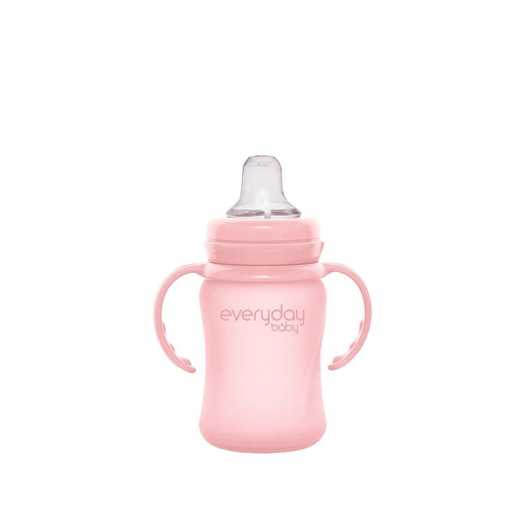 Biberão de aprendizagem Everyday Baby de 150ml em cor rosa, com asas laterais para segurar e tampa protetora.