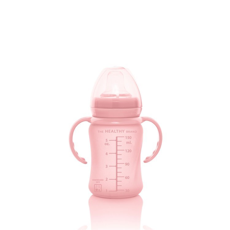 Biberão de aprendizagem Everyday Baby de 150ml (5oz) em rosa, com marcações de medição visíveis no vidro.