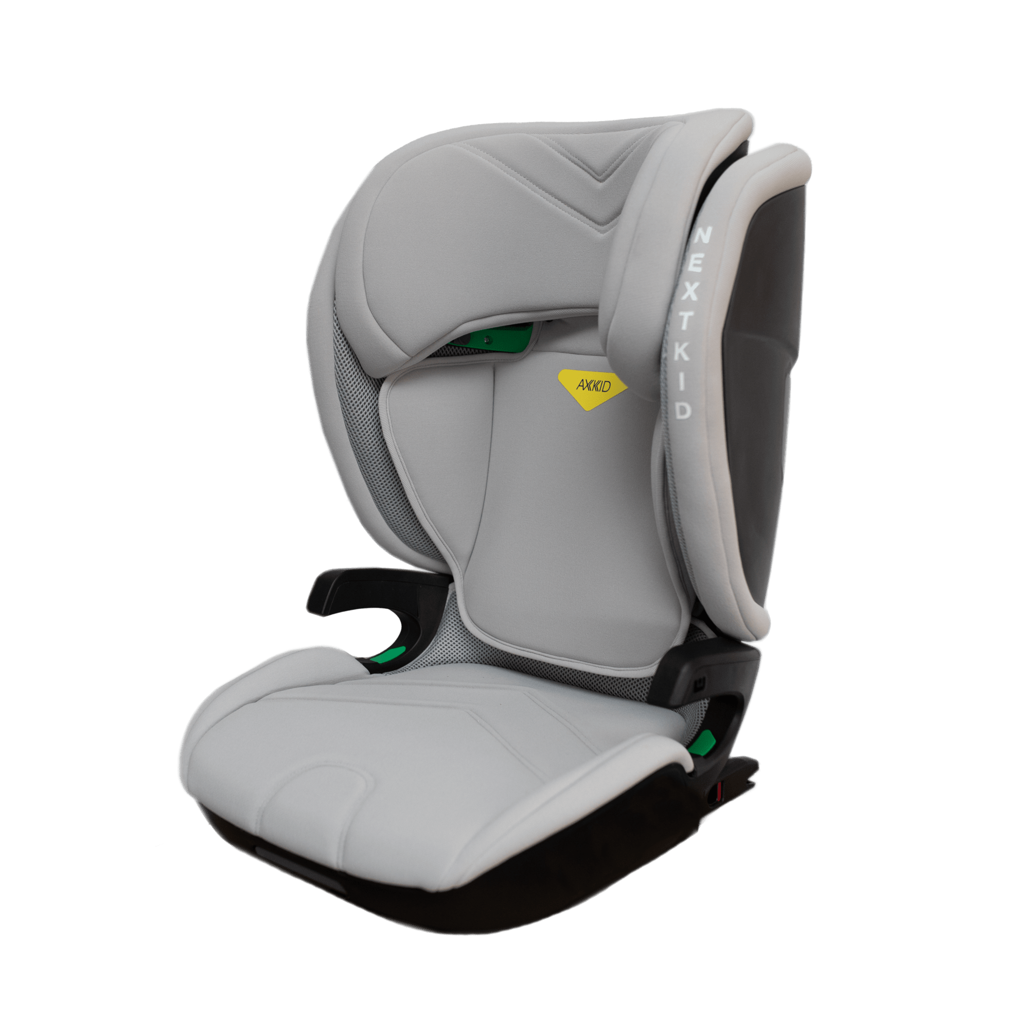 Cadeira auto Axkid Nextkid em cinzento, vista de frente, destacando o design acolchoado e os apoios laterais.