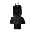 Capa protetora de banco Axkid 3 em 1 vista frontal e superior, desdobrada, com detalhes da superfície e do bolso para tablet.