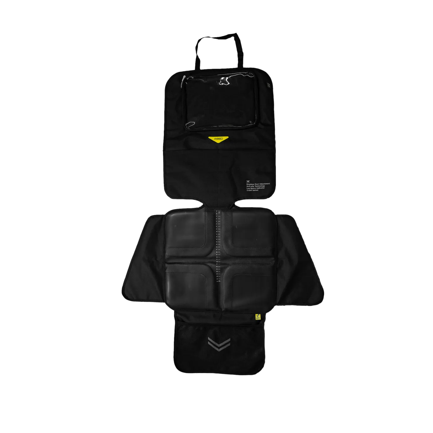 Capa protetora de banco Axkid 3 em 1 vista frontal e superior, desdobrada, com detalhes da superfície e do bolso para tablet.