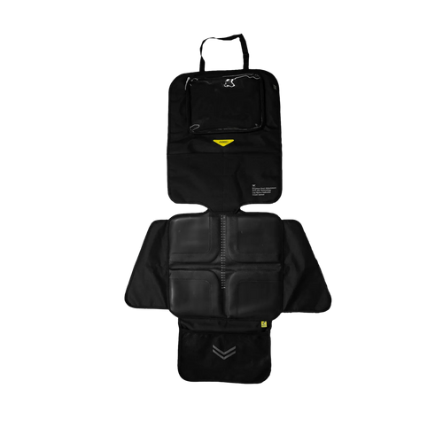 Capa protetora de banco Axkid 3 em 1 vista frontal e superior, desdobrada, com detalhes da superfície e do bolso para tablet.