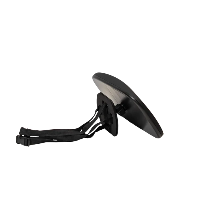 Vista lateral do espelho retrovisor Axkid mostrando a parte traseira com o mecanismo de fixação e alças pretas.