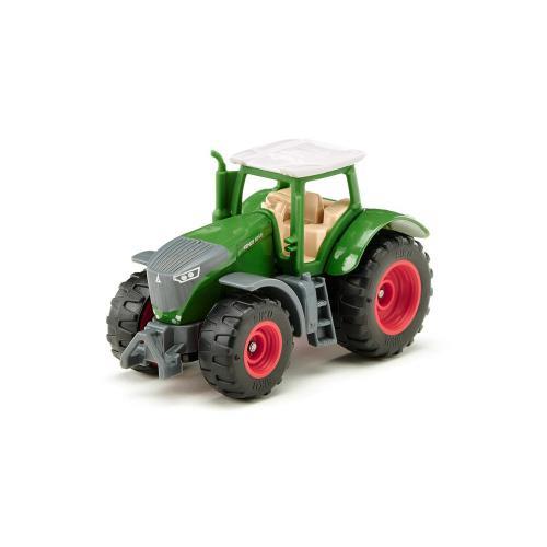 Miniatura de trator SIKU Fendt 1050 Vario de cor verde, com pneus grandes de jantes vermelhas, vista de perfil em fundo branco.