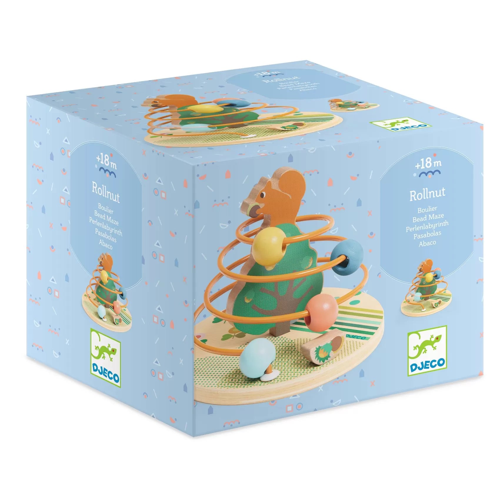 Caixa do Djeco RollNut - Ábaco de Madeira, mostrando o brinquedo com um esquilo e contas coloridas, com indicação de idade +18 meses.