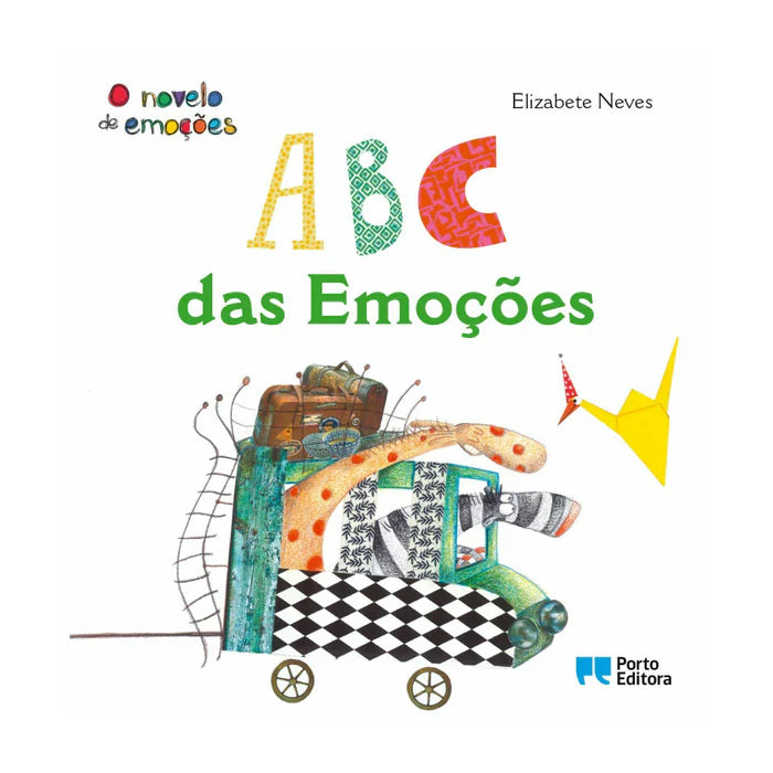 Capa do livro infantil "ABC das Emoções" de Elizabete Neves, publicado pela Porto Editora, com ilustração colorida de um veículo carregado de malas e formas abstratas.