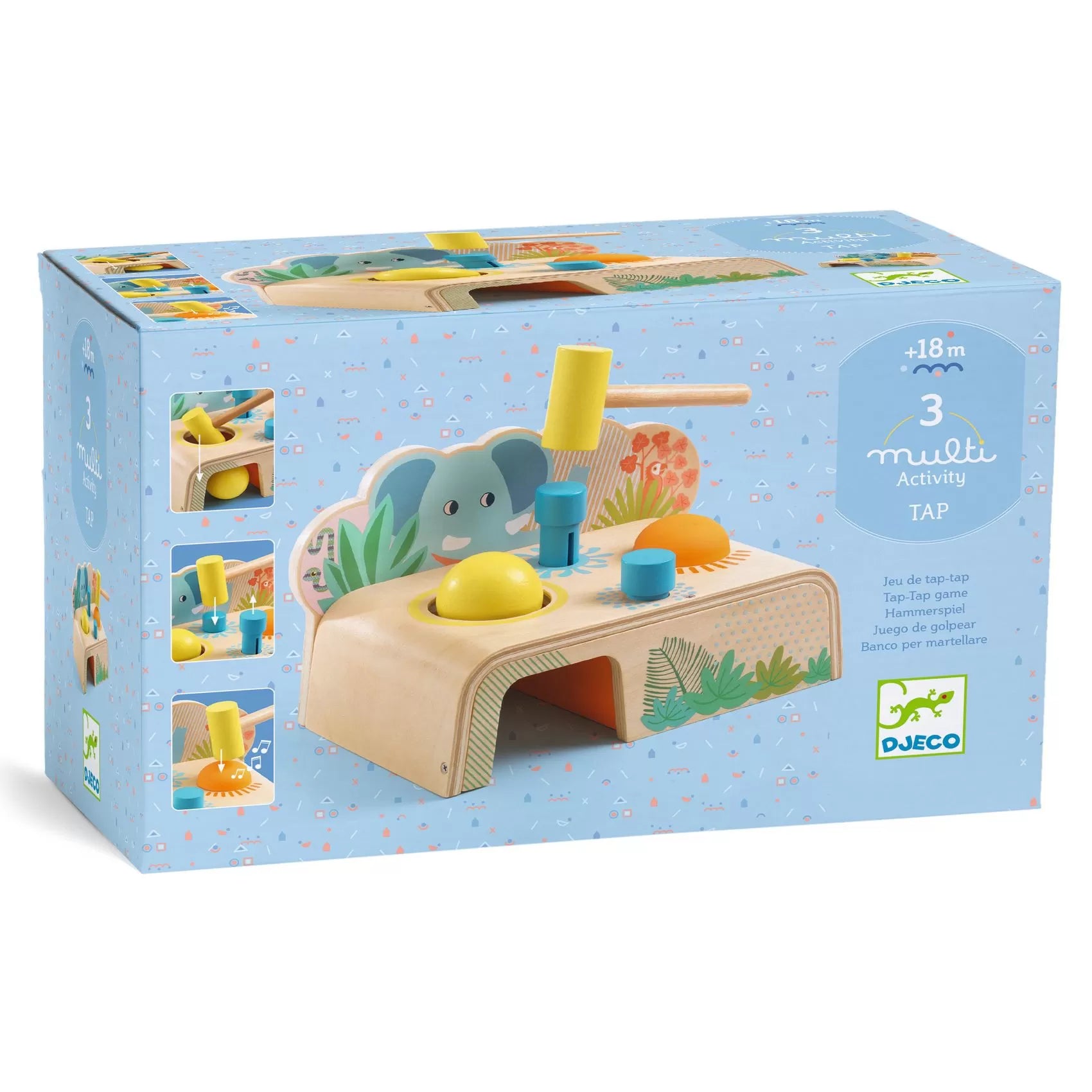 Embalagem do jogo sensorial Djeco Multi Tap, mostrando o brinquedo de madeira com martelo e as três atividades. Indicado para maiores de 18 meses.