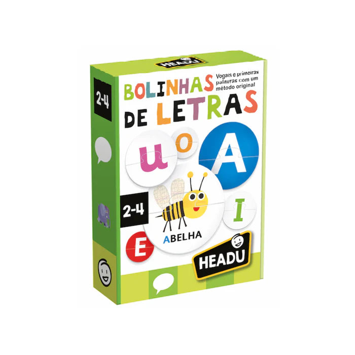 Caixa do jogo educativo Headu Bolinhas de Letras, destacando vogais e primeiras palavras para crianças de 2 a 4 anos.