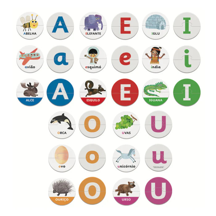 Peças do jogo Headu Bolinhas de Letras espalhadas, mostrando associações de vogais (A, E, I, O, U) com imagens e palavras.