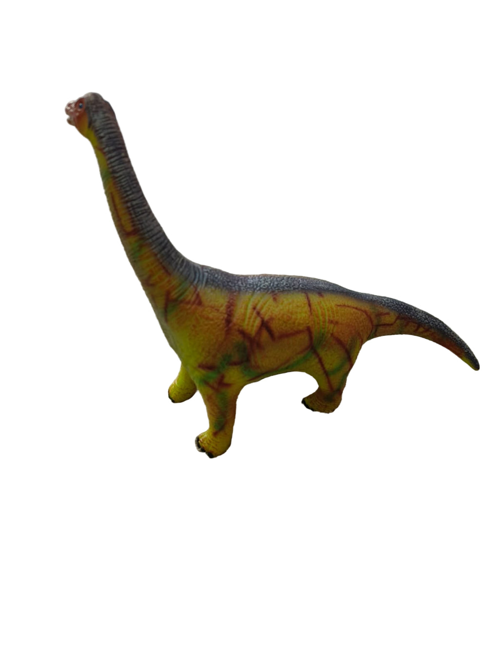 Detalhe do dinossauro Brachiosaurus WToy, com pescoço longo, em tons de amarelo e verde, em fundo branco.